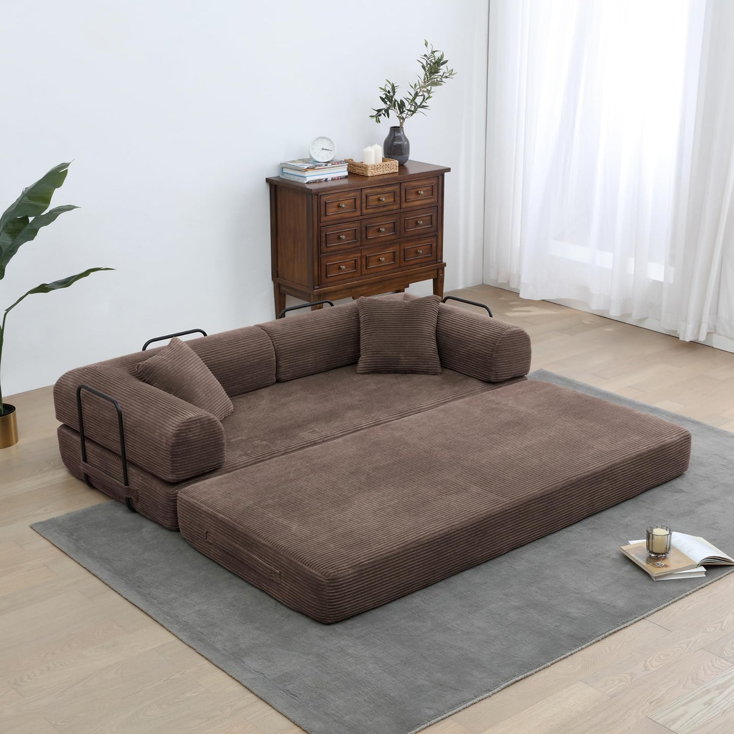 ZEIINPA Convertible Folding Mattress Couch, Comfy Corduroy Sleeper Floor Sofa Bed with Fixed-Shape Frame, Floor Sofa with Armrest, Lounge Couch for Living Room Bedroom Lounge Studio,Brown