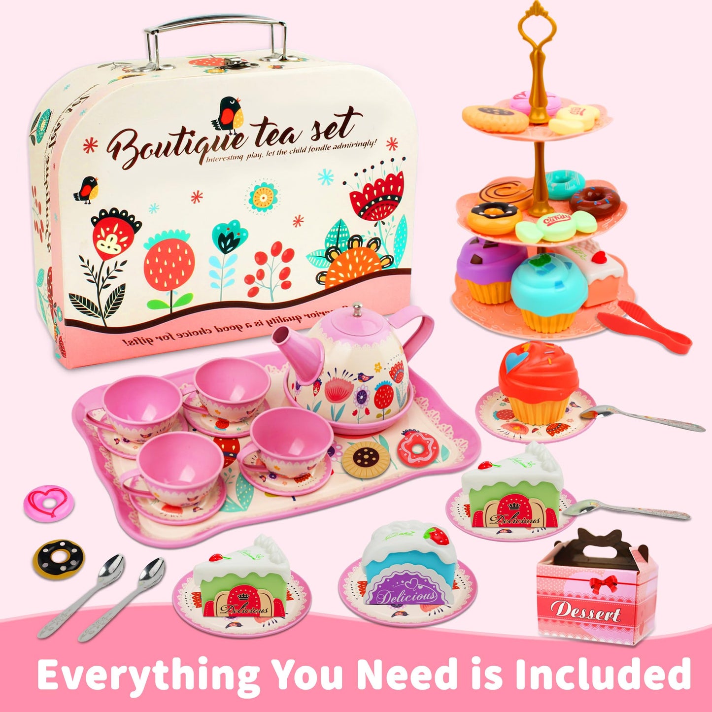 SMILESSKIDDO 46pcs Tea Party Set for Little Girls - Princess Tea Party Set,Kids Kitchen Pretend Play Toys - Toddler Tea Party Sets for Girls 3-5, Girls Tea Party Set Gift for 3 4 5 6 7 8 Girl(Garden)
