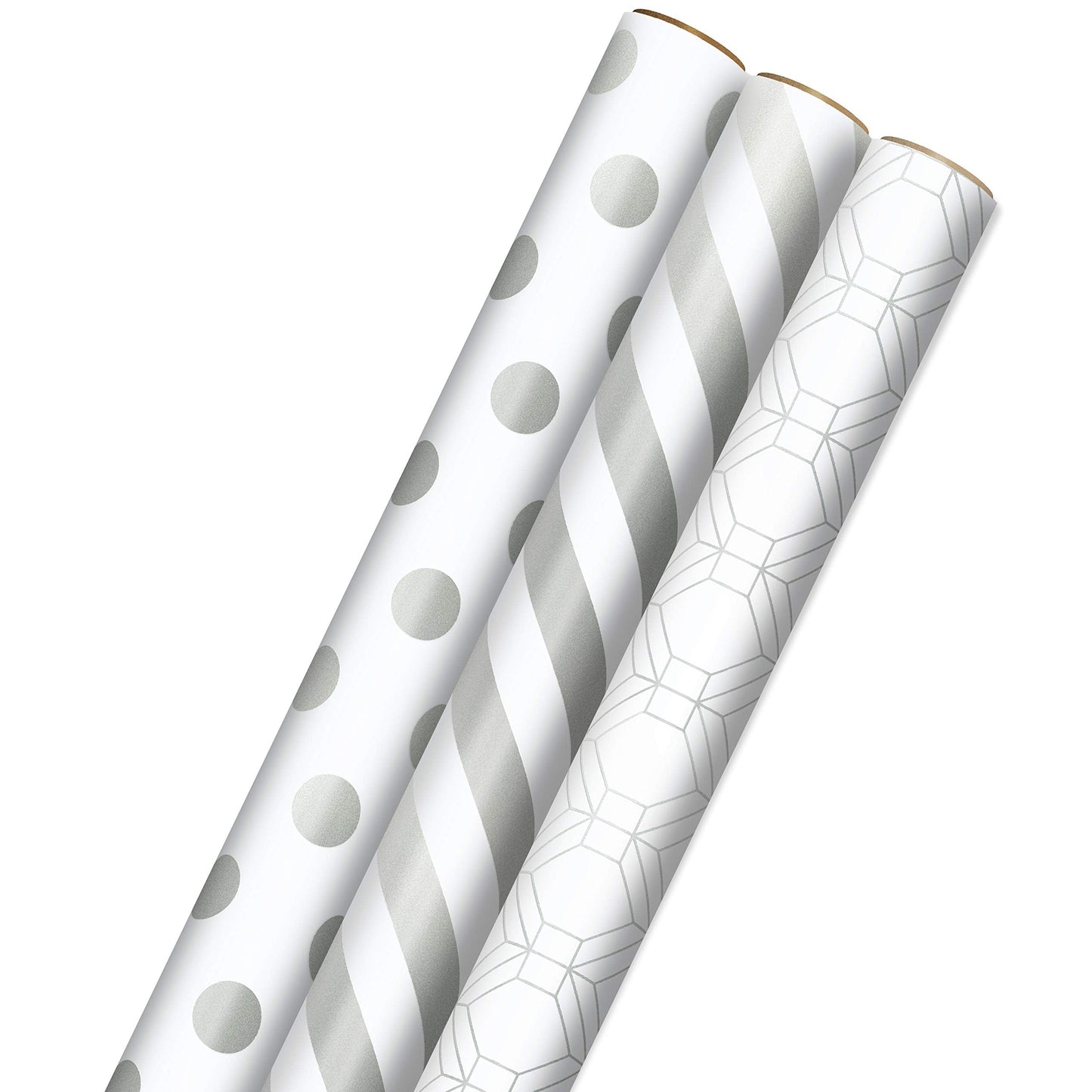 Hallmark Wrapping Paper Rolls for Weddings, Bridal Showers, Birthdays - Silver and White Gift Wrap Paper (Set of 3 Rolls: 105 sq. ft. ttl.) Polka Dots, Stripes, Geometric Shapes