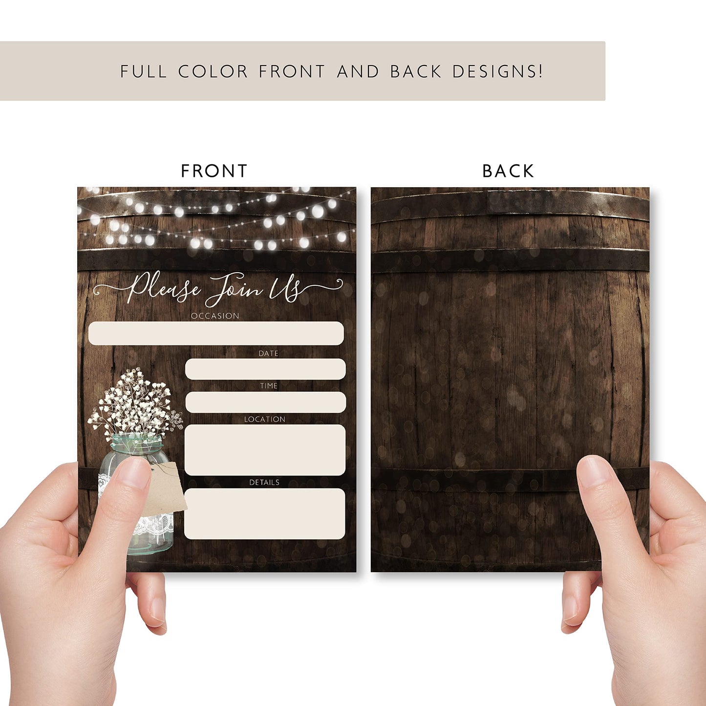 Your Main Event Prints 20 Rustic Country Wood Barrel Invitations – Fill-In Style 5x7 Invites for Wedding, Bridal Shower, Baby Shower, Birthday, Engagement, Anniversary, or Party