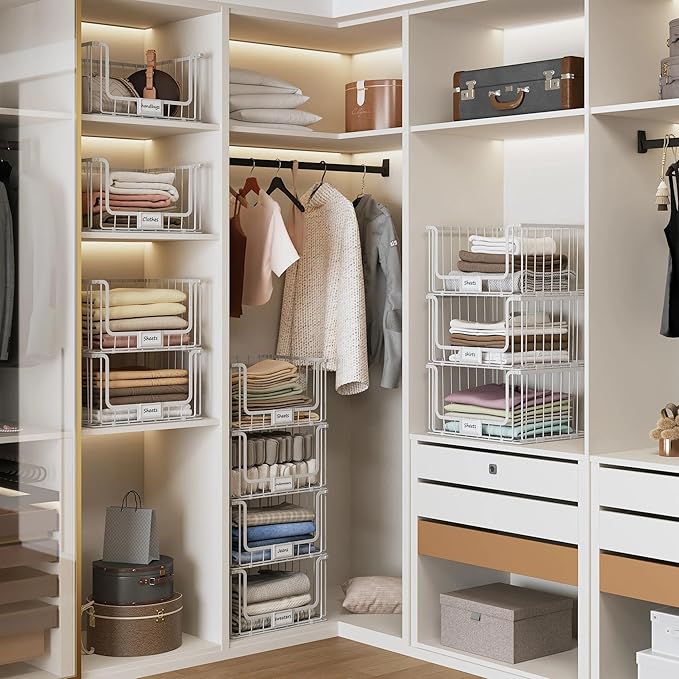 4-Tier Stackable Closet Organizers and Storage, Clothes Shelf Organizer, Foldable Wire Basket Bins, Sweater Storage for Closet and Pantry,11.8" D x 15.7" W,White