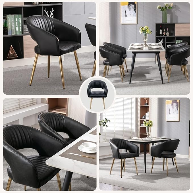 Faux Leather Dining Chairs Gold Legs, Modern Black PU Leather Dining Room Chairs with Arms Set of 4 Upholstered Accent Chair Armchair with Barrel Back for Kitchen Living Room