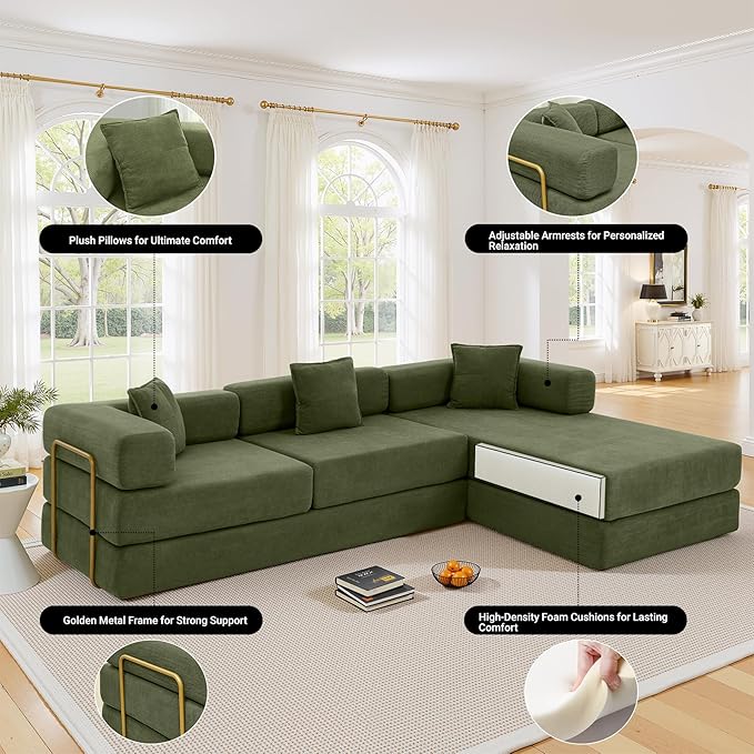 108" Oversized Convertible Sleeper Sofa Bed, Corduroy L Shape Sectional Couch, Folding Sofa Bed with Fixed-Shape Frame, Modern Cloud Floor Mattress Couch, Modular Sofa for Living Room, Green