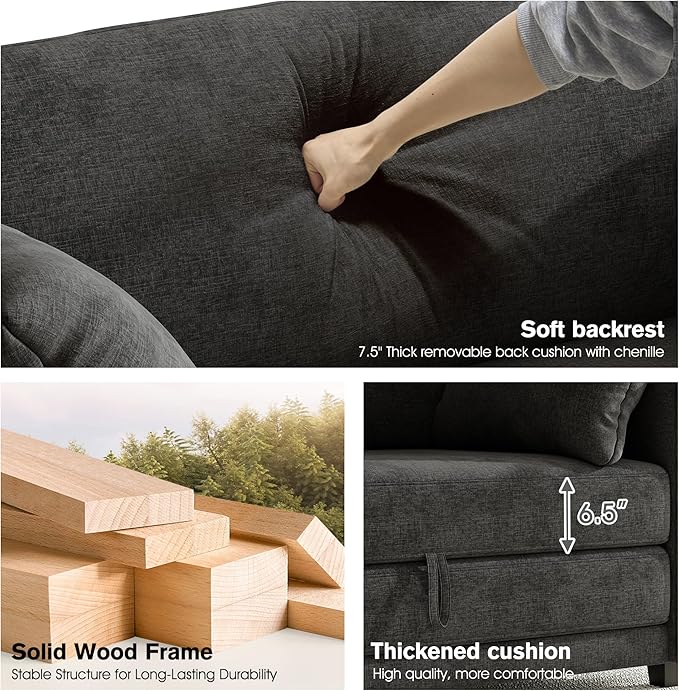 kakuboohi 65" Loveseat Sleeper Sofa Bed, Chenille Convertible Floor Sofa Bed for Small Spaces, Folding Couch Bed with Deep Seat, 2 Pillows & Solid Frame, Pull Out Floor Couch for Living Room, Black