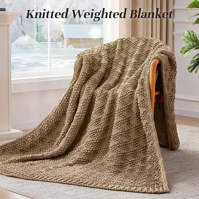Knitted Weighted Blanket for Adult, Chunky Knit Weighted Throw for Sleep 48"*72" 20lbs, Cooling Breathable Heavy Blanket for Hot Sleepers, Machine Washable Fall Blanket for Room Decor(Beige)