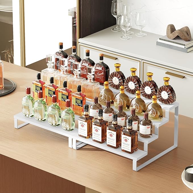 Spice Rack, Wooden Display Riser Stand, Set of 2, Perfume Organizer, Vanity Display Stand, Tiered Countertop Organizers, Space Saving, for Kitchen Spices, Syrup, Coffee Mugs, White SR04L2WW