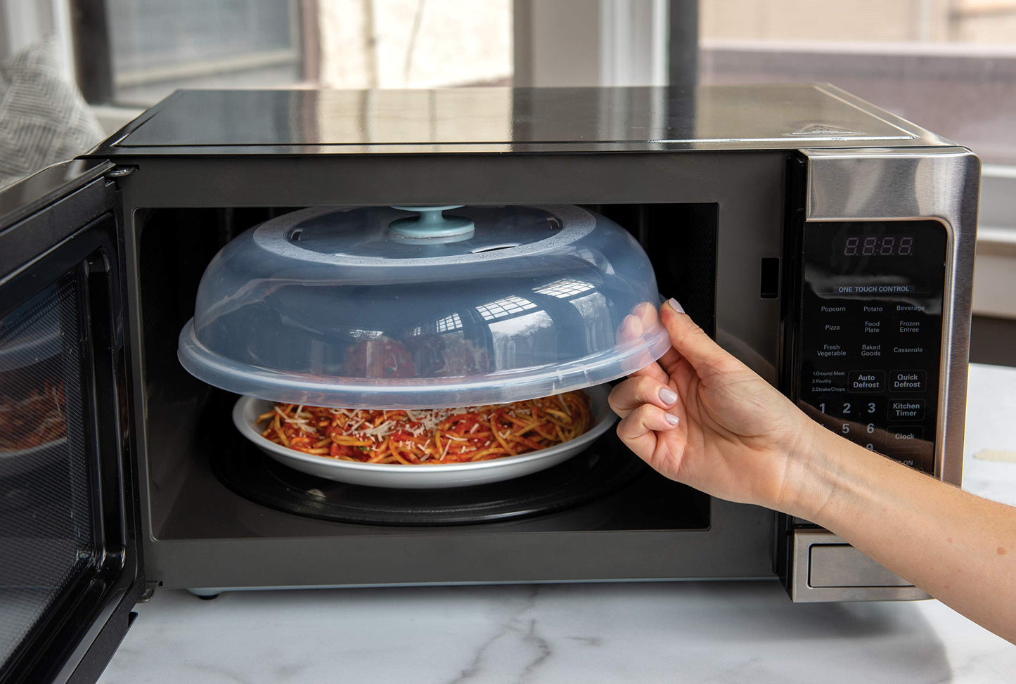 Nordic Ware Microwave Up & Away-Easy Stow - 11-inch Food Safe Lid, Plate Cover with Steam Vents, Anti-Splash Microwave Lid, Contains Moisture, Space-Saving Storage Bracket included