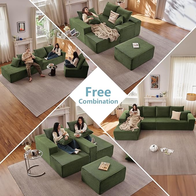 135.4" Cloud Sectional Couch with L-Shape Chaise, Modern Corduroy Boneless Couch for Living Room,Memory Foam Sofa with Deep Seat,No Assembly Required (Green,Left-Facing Chaise)