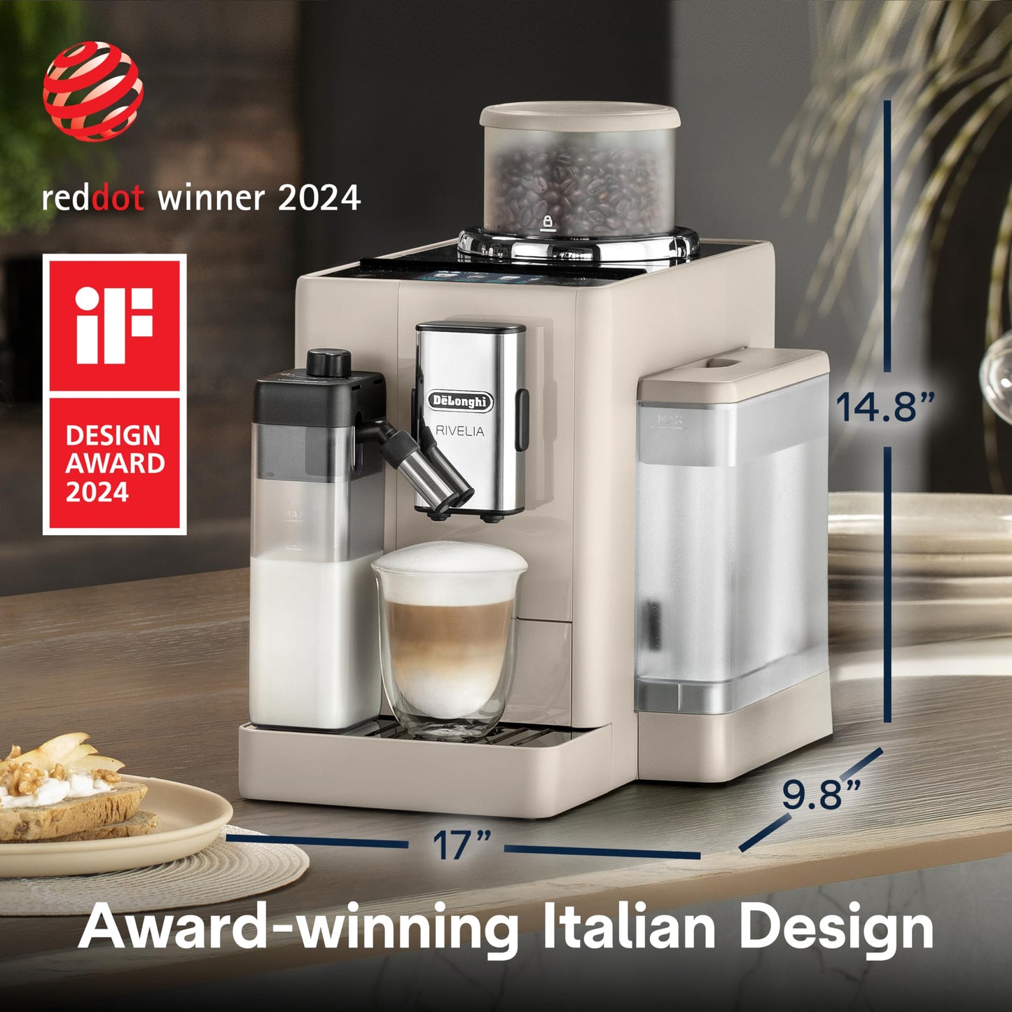 De'Longhi Rivelia Automatic Espresso Machine, Grinder & Frother, Easy Bean Switching, Beige