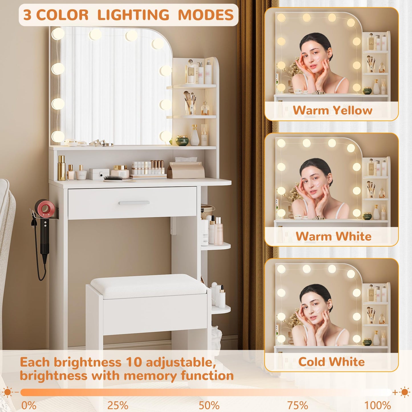 Small Makeup Vanity Desk with Mirror and Lights, 26.4" Small Vanity for Small Space with Stool and Charging Station, Compact Vanity with 3 Color Lighting Modes (White)