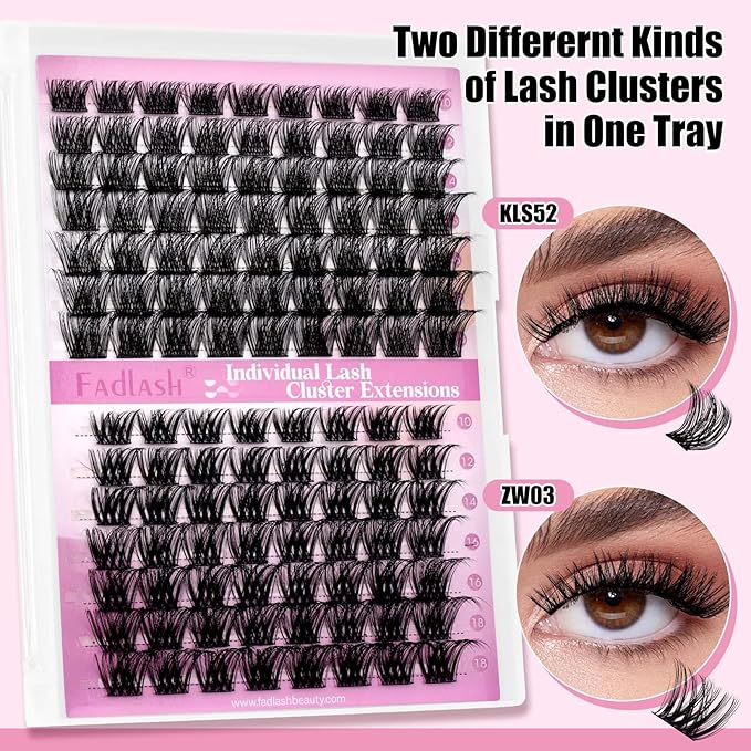 FADLASH Lash Extension Kit Lash Clusters Kit 10-18mm Eyelash Cluster Lashes with Lash Bond and Seal Lash Tweezers DIY at Home (KLS52+ZW03-07D-10-18 Kit)
