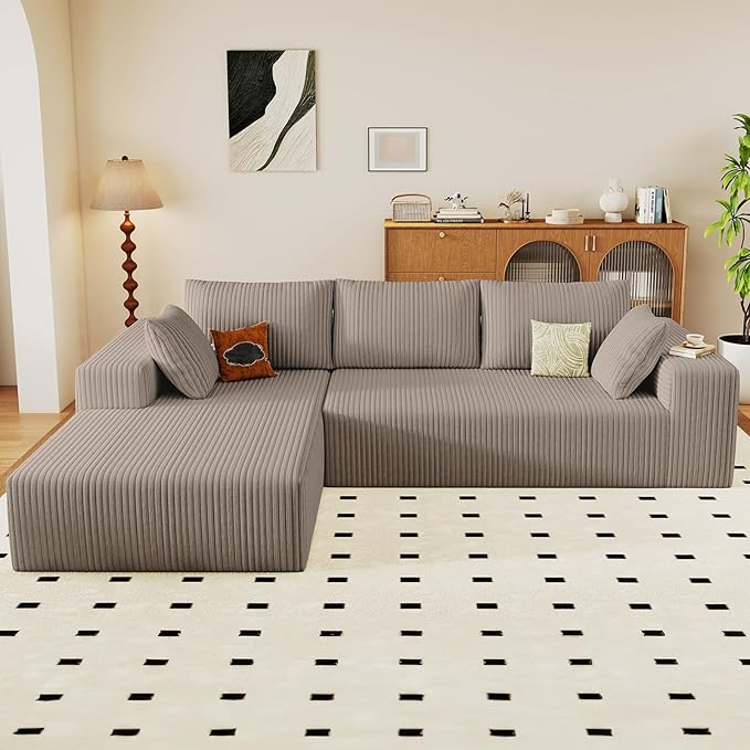 96" Cloud Sectional Couch with L-Shape Chaise, Modern Corduroy Boneless Couch for Living Room,Memory Foam Sofa with Deep Seat,No Assembly Required (Camel,Left-Facing Chaise)
