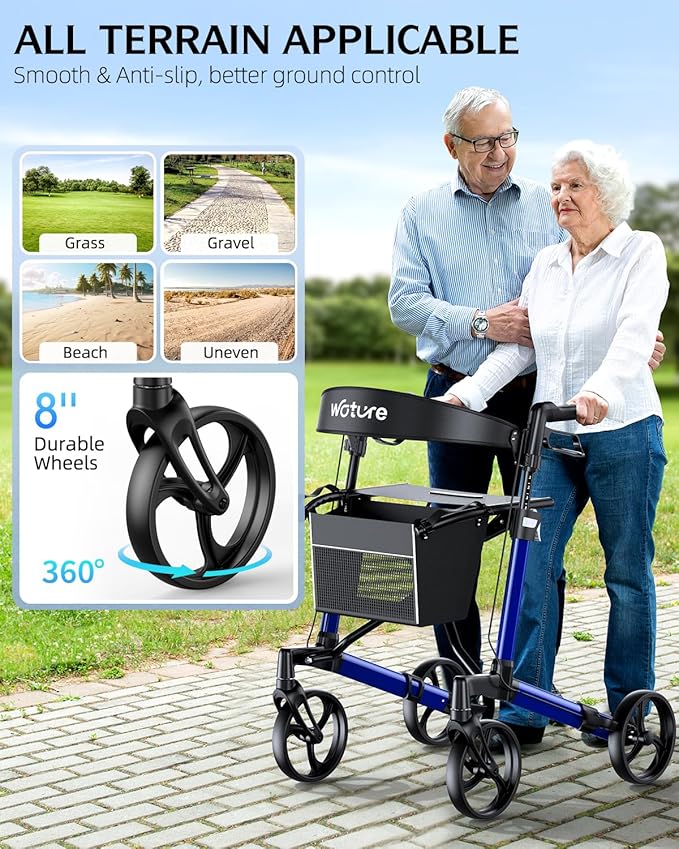 WOTURE Rollator Walker with Seat, Lightweight Rolling Walker, Foldable Rollator Walker for Seniors, 8" Big Wheels for All Terrain, Dual Height Adjustment, Only 16 Ib, Blue