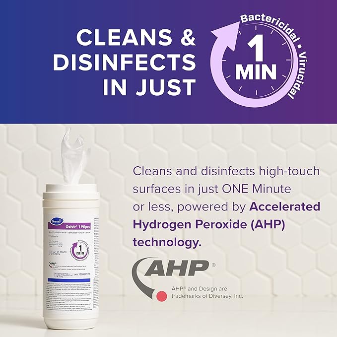Oxivir Diversey 1 100850922 Disinfectant Cleaning Wipes, Pre-Moistened with Accelerated Hydrogen Peroxide AHP, Unscented, 60 Medium 7x8-Inch Wipes, 1-Slim Canister