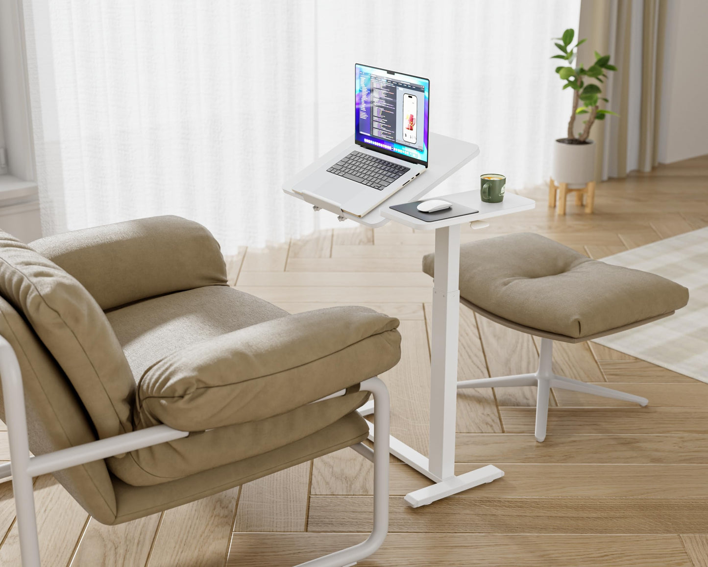 Ywin Adjustable Tilt Overbed Bedside Table with Wheels Pneumatic Moveable Bed Desk Tilt-Top Laptop Desk Moveable Rolling Computer Table for Home Office Hospital Use