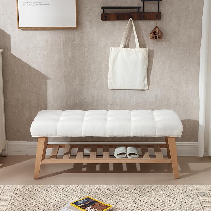Janoray Entryway Shoe Bench Storage Benches with Upholstered Button Tufted Seat and Open Slatted Shelf Linen Shoe Rack for Hallway Living Room Bedroom End of Bed, Beige