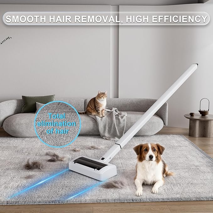 Electric Carpet Rake & Pet Hair Remover Tool - 5-Section Extendable Handle Motorized Dog & Cat Hair Removal for Carpets, Hardwood Floors, Car Trunk, Sofa, Rugs, Cat Bed & Laundry (White, Electric)