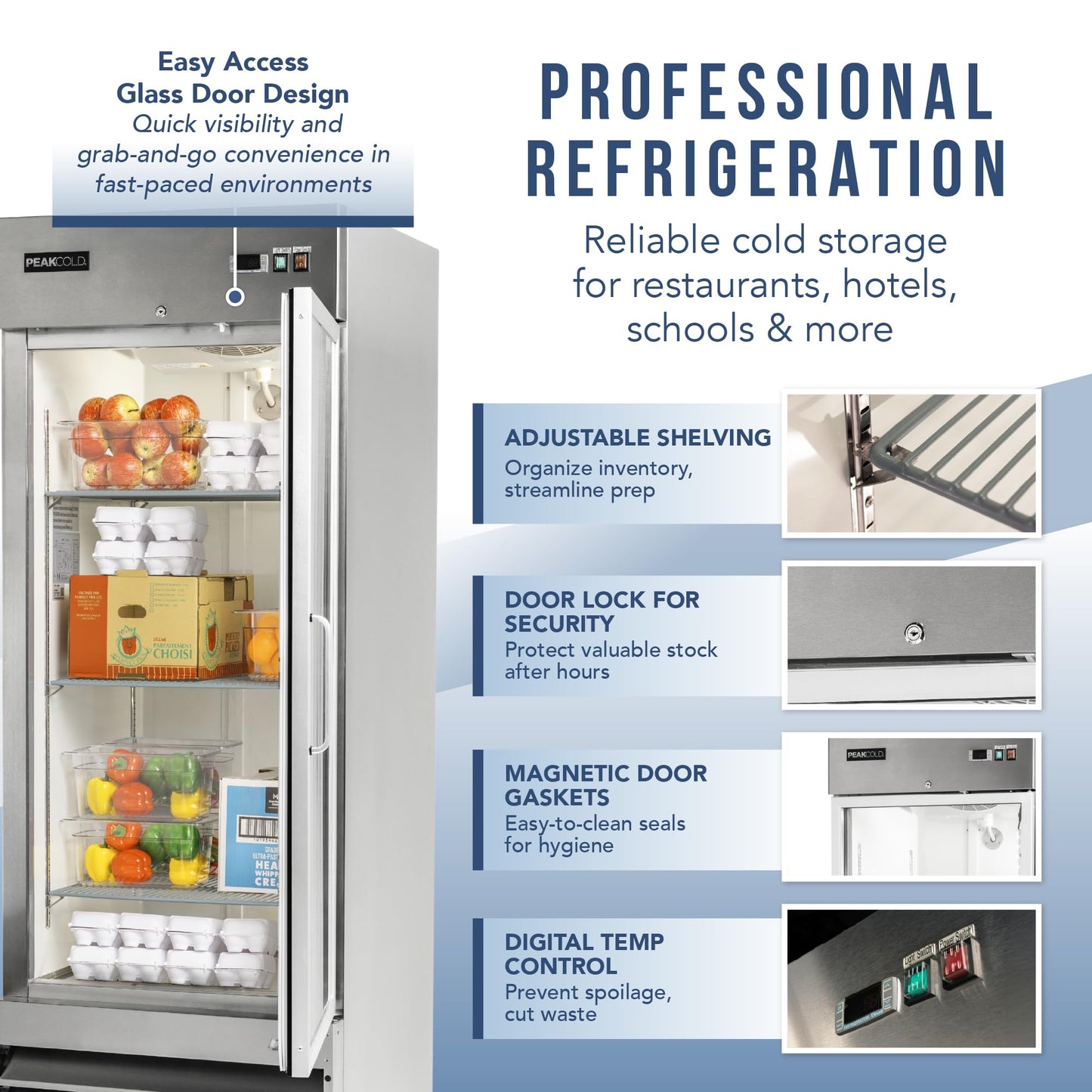 PEAKCOLD Single Glass Door Commercial Refrigerator - 23 Cubic Ft, 29" Wide Stainless Steel Reach-In Commercial Refrigerator with White Internal Lighting - Freestanding Industrial Fridge
