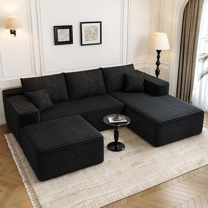 107.5" Cloud Modular Sectional Sofa with 1 Ottoman,Modern Minimalist Upholstered Couches, Comfort U Shaped Sofa for Living Room,Deep Seat Corner Couch，No Assembly Required (Black,Right Facing Chaise)