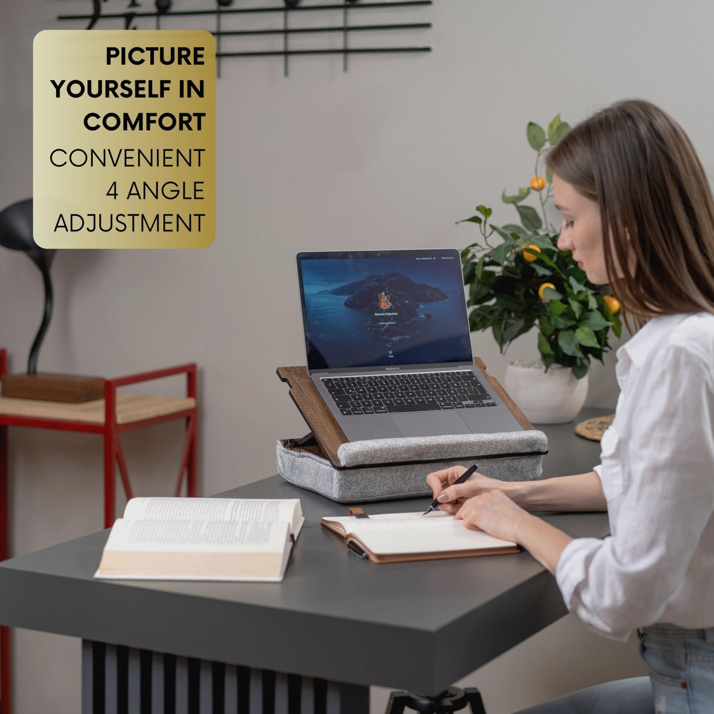 Vigo Wood Laptop Tray - Lap Tray with Cushion, Laptop Table for Bed & Sofa, Adjustable Lap Desk, Portable Bed Table for Work & Study, Ergonomic Wooden Stand for Home Office (Walnut)