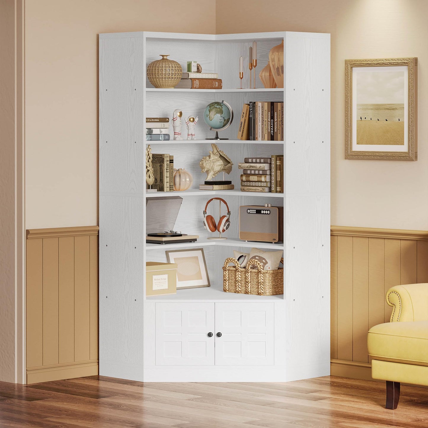IRONCK 81" Corner Bookshelf with Door, 6 Tiers Large Bookshelves with Storage Rack, Tall Bookcase for Living Room Home Office, White