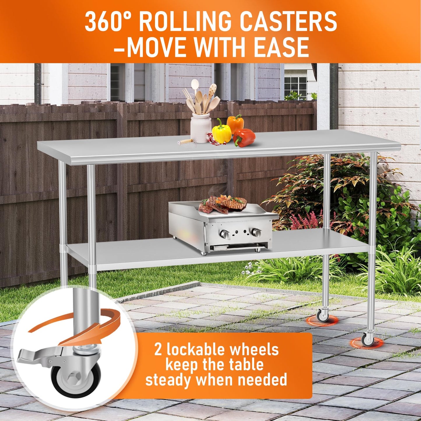 HOCCOT Stainless Steel Table with Wheels for Food Prep & Work 30" x 60" Utility Table with Adjustable Undershelf, Commercial Workstation in Kitchen, Garage, Outdoor BBQ