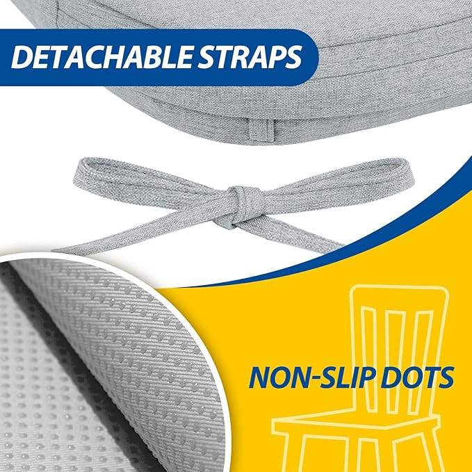 AAAAAcessories D-Shaped Chair Cushions, 2" Thick Dining Chair Pads with Ties and Removable, Machine-Washable Cover, 17" x 16", Gray