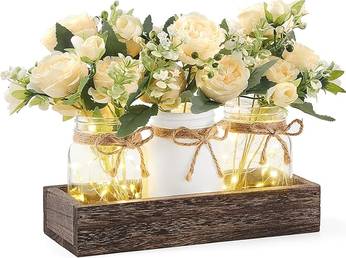 Mkono Mason Jar Lights Centerpiece Table Decor for Dining Room Farmhouse Wood Tray with 3 Jars Flowers Valentines Day Deco...
