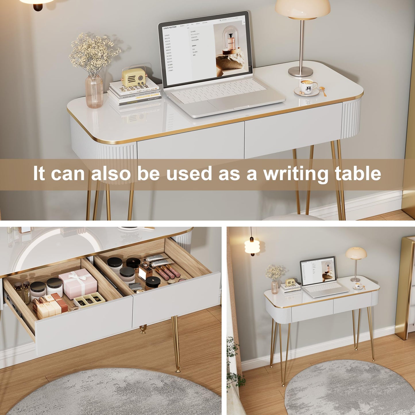 KDCAS Modern Vanity Desk with Mirror and Lights, 39" White and Gold Makeup Vanity Table with 2 Storage Drawers, Stylish Gold Dressing Table for Small Spaces & Bedroom