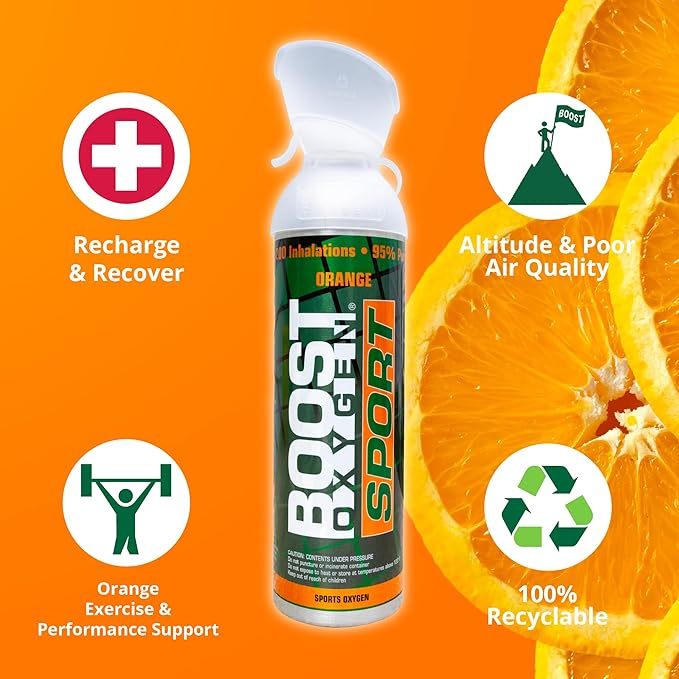 Boost Oxygen Large Sport Orange Aroma 10L Canister | Respiratory Support for Aerobic Recovery, Altitude, Performance & Health (6 Pack)