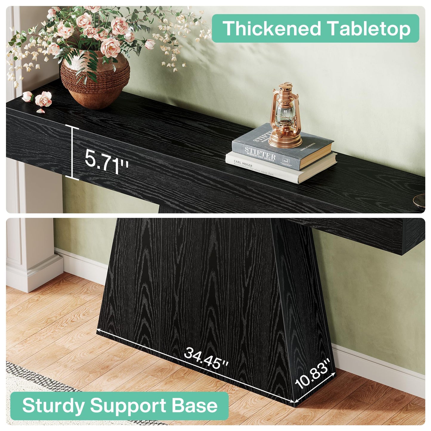 Tribesigns 63" Black Console Table, Farmhouse Entryway Table with Trapezoidal Base, Narrow Long Sofa Table Behind Couch Table for Entrance, Hallway, Living Room, Black