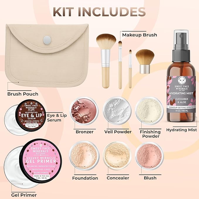 TIMELESS LOOK KIT (PINK BISQUE) Full Size Mineral Makeup Set Matte Foundation Bare Face Sheer Powder Cover