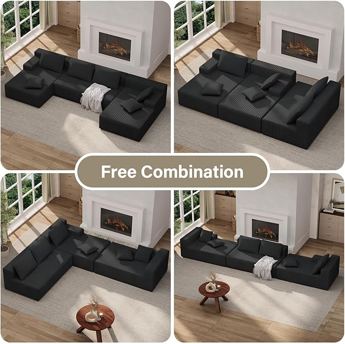 LAUSAINT HOME 132" Modular Sectional Sofa Couches, U-Shaped Boneless Cloud Sofa with 4 Deep Seat, 6 Cushiones Oversized Chaise for Living Room, Bedroom, Plush Corduroy Fabric (U Shaped Sofa, Black)