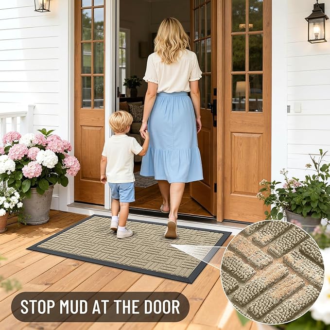 OLANLY Front Door Mat Outside Entrance 71x47, Absorbent, Heavy Duty Sturdy Natural Rubber Doormat Indoor Outdoor, Stain and Fade Resistant, Non-Slip Backing Low Profile Floor Mat for Entryway, Beige