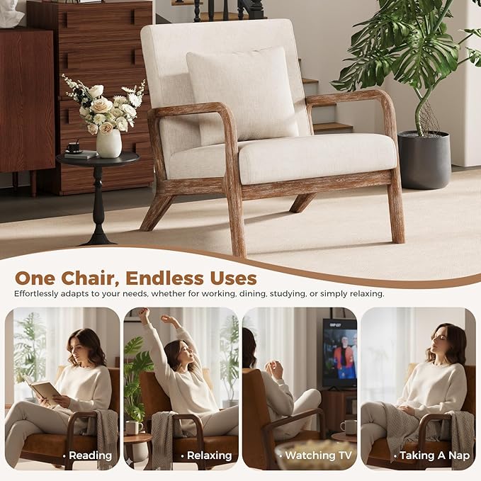 ELUCHANG Mid-Century Modern Chair,Accent Chair with Lumbar Pillow,Upholstered Armchair,Linen Fabric Comfy Reading Chair Beige, Linen, New Armrest, Set of 1
