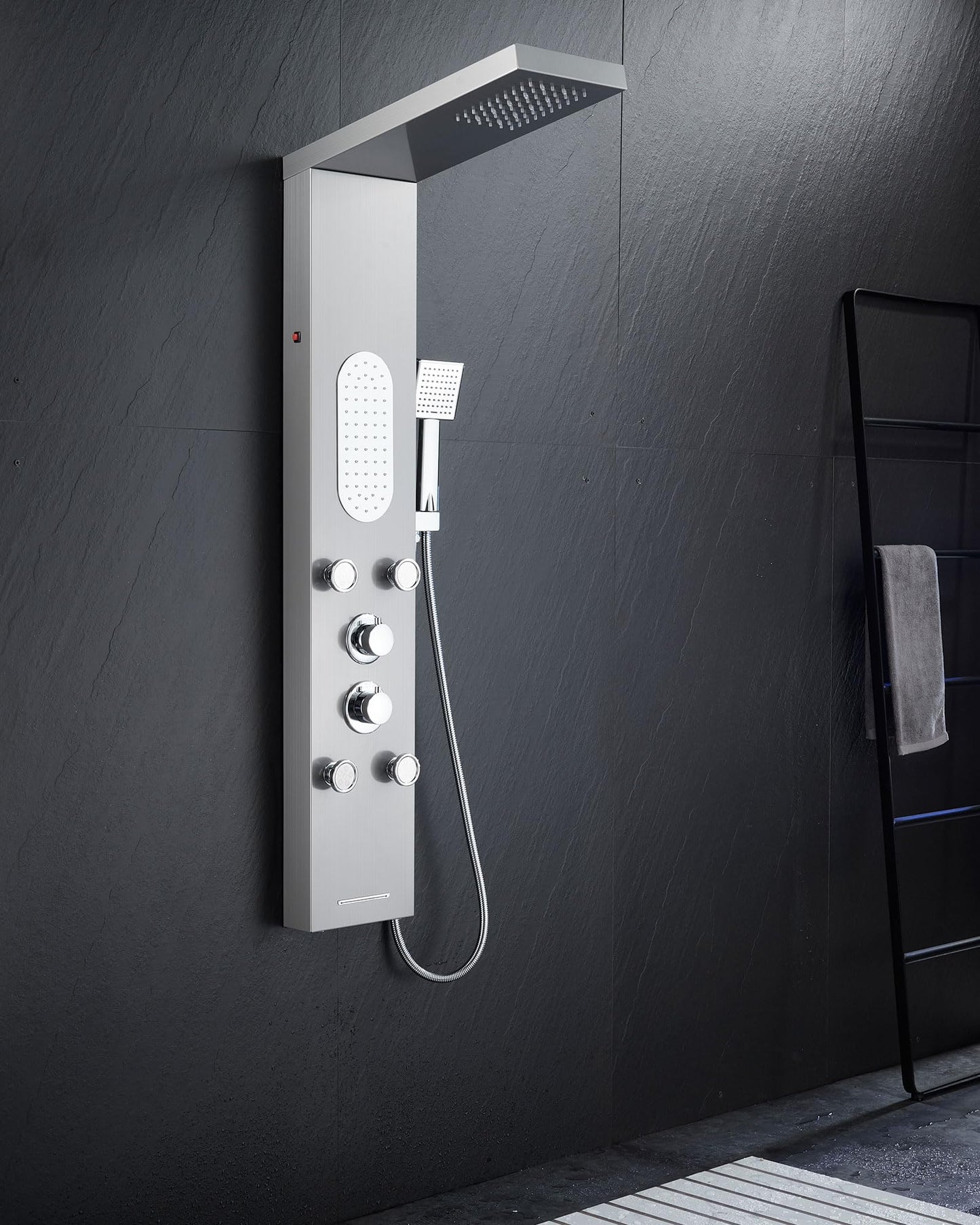 MENATT Luxury Shower Tower System with LED Shower Head, 5 Functions Shower Panel Tower System with 4 pcs Body Massage Jets,Body Waterfall Spray, Handheld Shower and Tub Spout, Brushed Finish