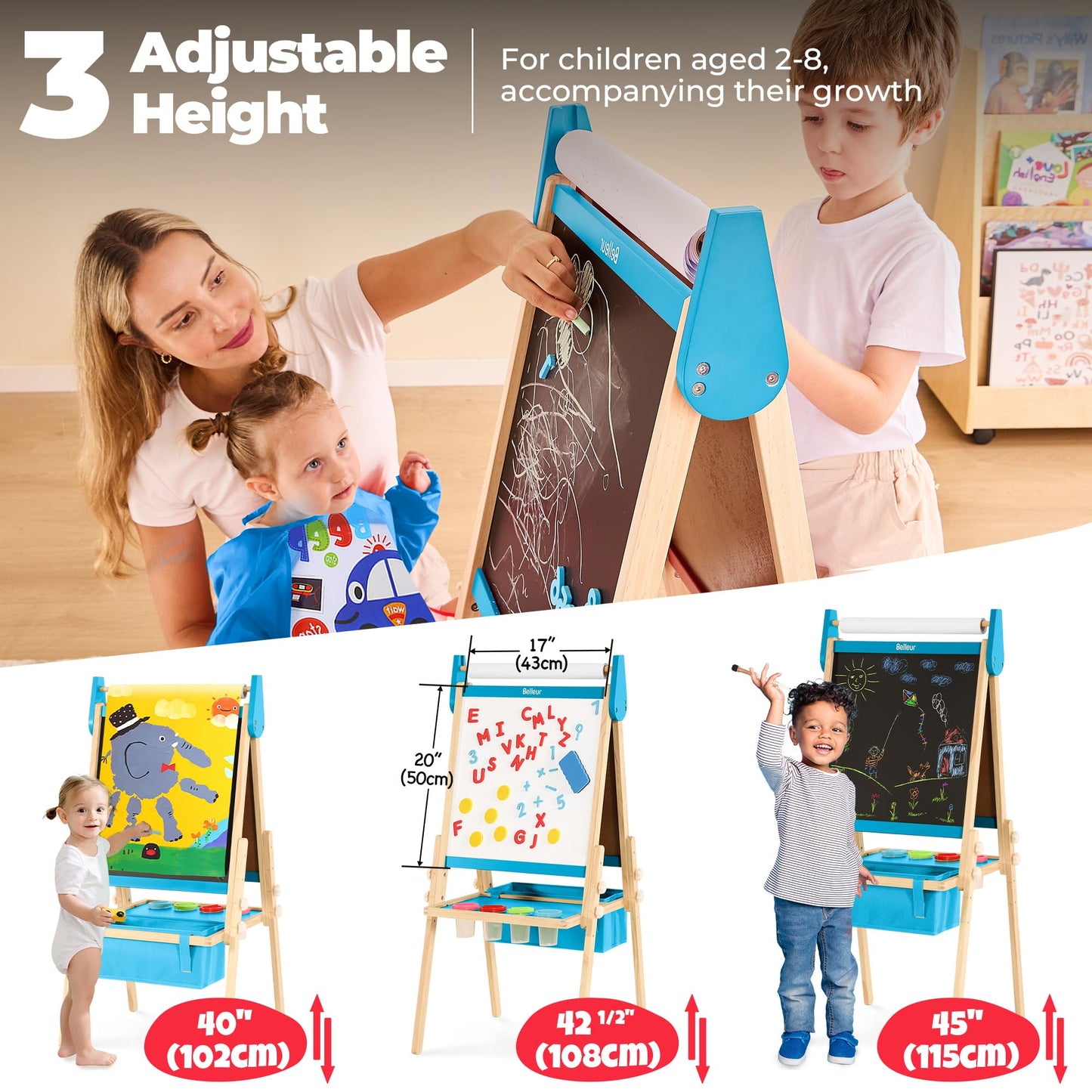 Belleur All-in-One Art Easel for Kids, Adjustable Double Sided Wooden Easel for Toddlers with Magnetic Whiteboard & Chalkboard, Paper Roll, Art Supplies, Child Painting Easel for Kid 2-8 Birthday Gift