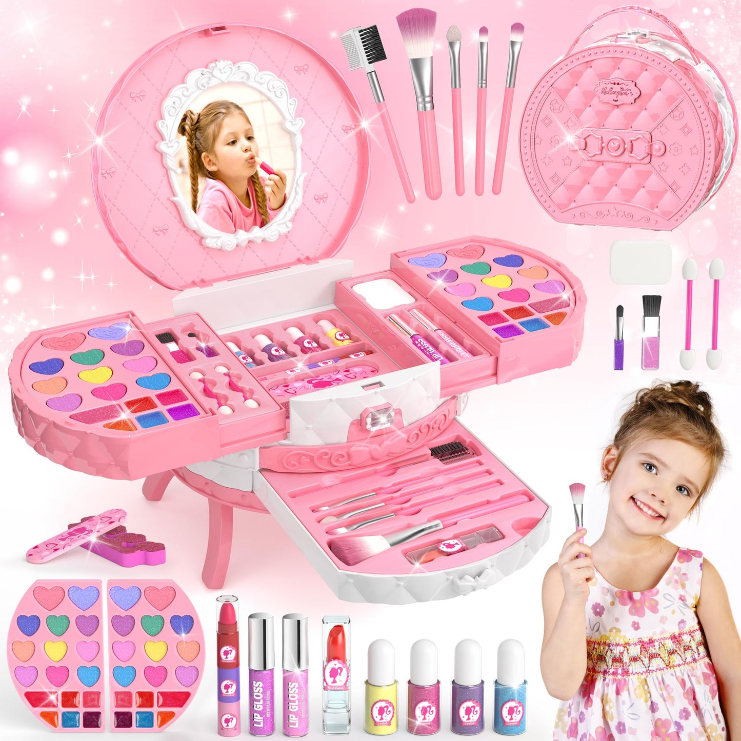 PERRYHOME Kids Makeup Sets for Girls 5-8, 57 Pcs Kids Makeup Kit for Girls Non-Toxic Washable Real Cosmetic Set, Toddlers Birthday Gifts Princess Toys for 3 4 5 6 7 8 9 10 11 12 Year Old (Pink)