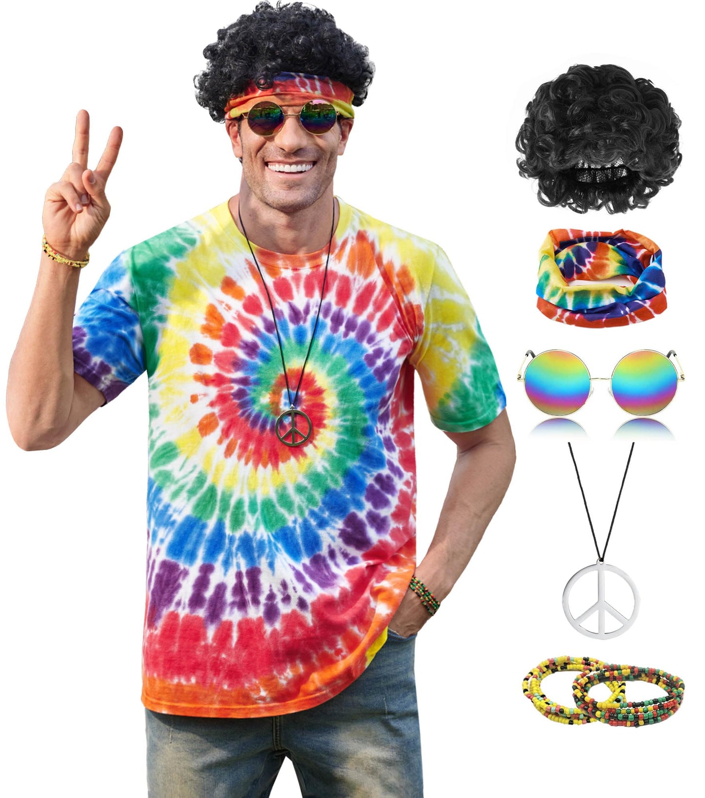 Mainfini Hippie Costume for Men Women Comfortable 60s 70s Outfits Carnival Tie Dye Peace Novelty Theme Party Glasses XL