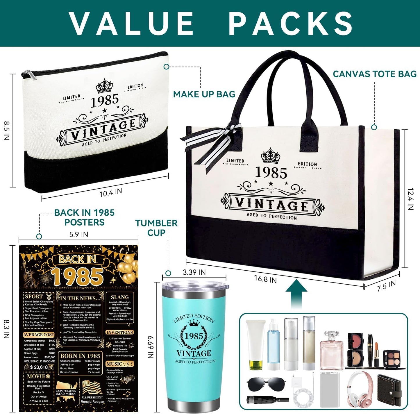 TrophyToast 40th Birthday Gifts for Women Her- 4 pcs, Turning 40 Year Old Gifts, Birthday Decorations Canvas Beach Tote Bag & Makeup Bag, Unique Happy 40th Birthday Gifts for Her Mom Wife Friends
