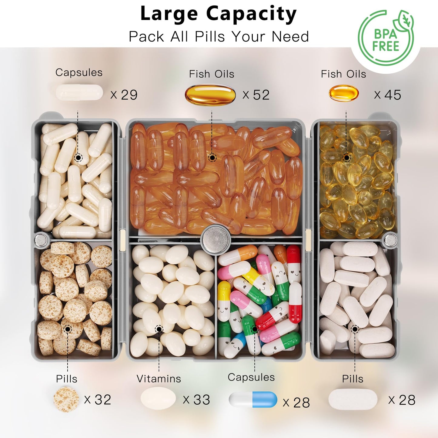 FYY 2 Pcs Daily Pill Organizer, 7 Compartments Portable Pill Case Travel Pill Organizer,[Folding Design] Pill Box for Purse Pocket to Hold Vitamins,Cod Liver Oil,Supplements and Medication-Grey