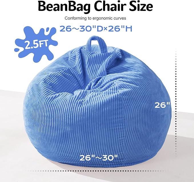Homguava 2FT Bean Bag Chair,Teardrop Bean Bags Small Beanbag Chair with Memory Foam Filled and Ultra Soft Corduroy Cover for Living Room, Bedroom (Blue)