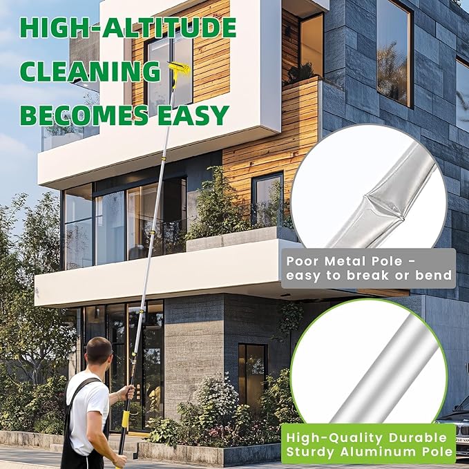 370'' Long Reach Window Squeegee with Telescoping Extension Pole, 2-in-1 Indoor/Outdoor Cleaning Tool with 270° Rotatable Head, Lightweight Alloy Aluminum Pole for Shower Door, Mirror, Car Windshield