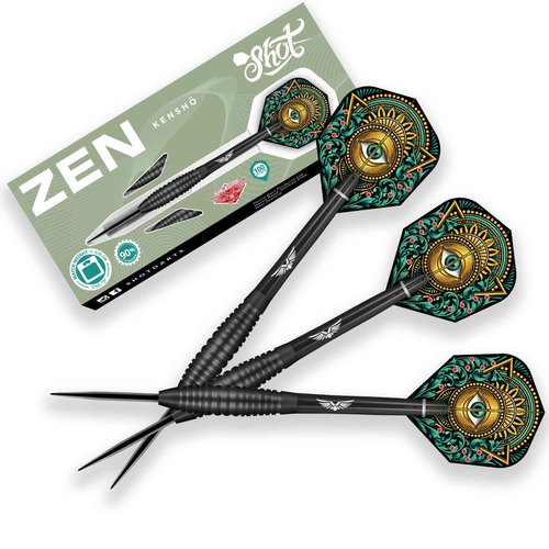 Shot! Darts Zen Kensho Steel Tip Dart Set | 90% Tungsten Barrels | Center Balanced Bomber Shape | Onyx Black Titanium Coated | Handcrafted Pro Darts | Metal Tip Bar Darts | Made in New Zealand