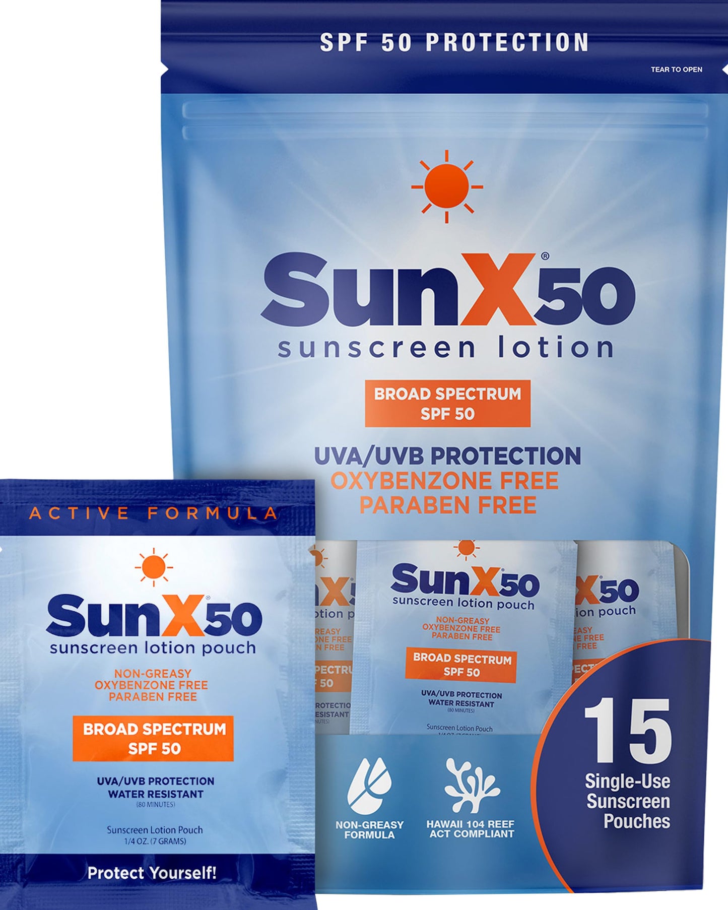 CoreTex Sun X 50 SPF Broad Spectrum Sunscreen Packets with Resealable Travel Bag - Pack of 15 Paraben, Oxybenzone, Octinoxate, &