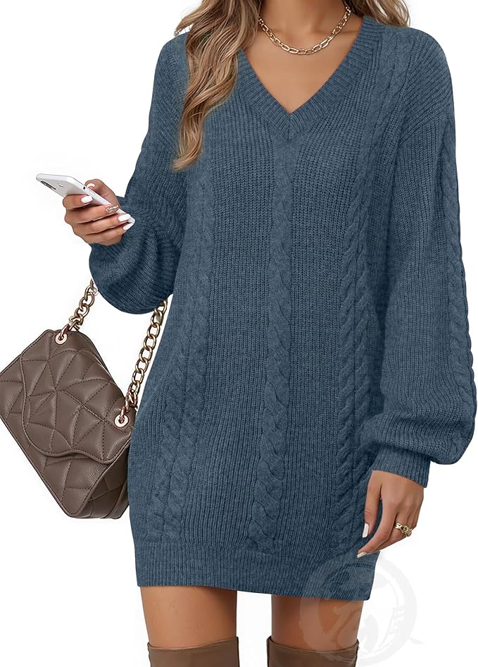 VAFOLY Women's Pullovers Jumper Sweaters Lantern Sleeve Casual V Neck Fall Knit Mini Sweater Dresses