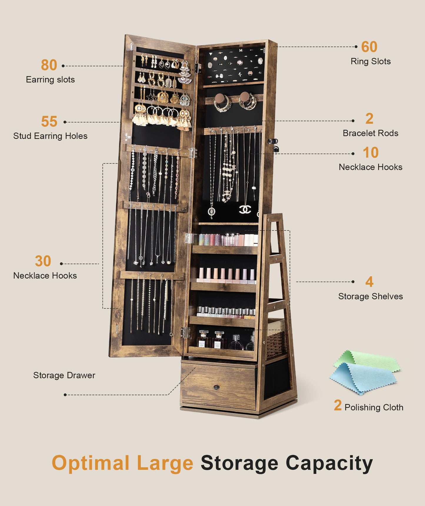 Nicetree 360°Swivel Jewelry Cabinet,Rotatable Jewelry Organizer Armoire Standing, Lockable Jewelry Armoire with Full-Length Mirror, 3 Rear Shelves & Bottom Drawer, Polishing Cloth, Wood Grain Brown