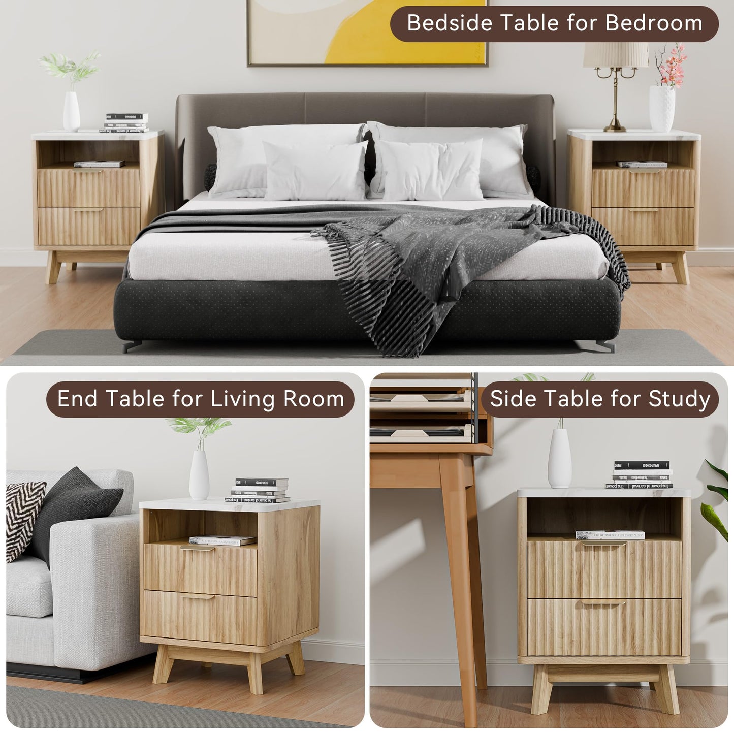 HOCAT Fluted Nightstand Set of 2, 18" Modern Bed Night Stand with Faux Marble Top, 2 Drawers, Open Storage Shelf, Living Room End Table, Curved Edge Bedside Table for Bedroom, Natural Oak