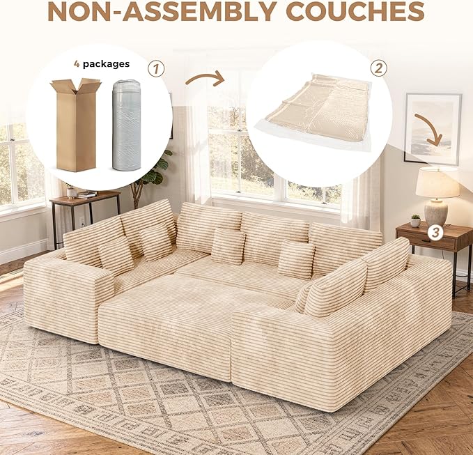 136'' Large Sectional Cloud Couches with Chaise, U Shaped Boneless Sofa Bed with Ottoman, No Assembly Required Deep Seat Modular Lounge for Living Room 4PCS Set, Bedroom(Khaki)