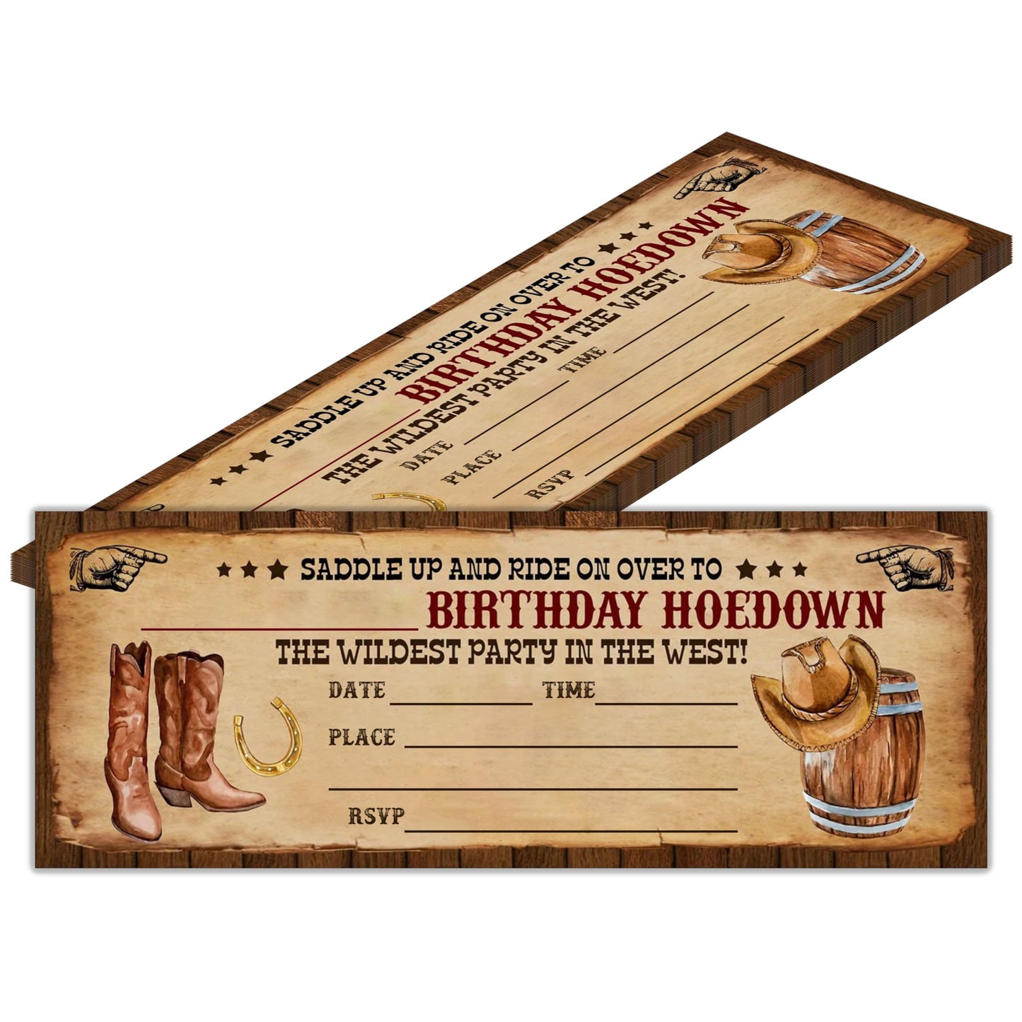 heiyihe Retro Birthday Cards-The Wildest Party Ticket Invite Cards-Retro West Boots Birthday Invitation with Envelopes for West Lovers-Celebration Party Favor & Supplies (20 Packs)-A22